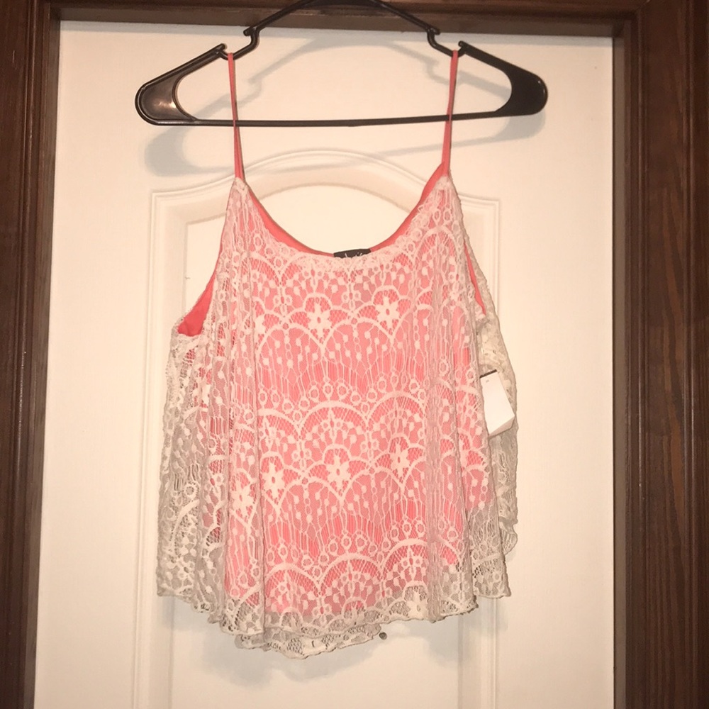 Justify pink with off white lace tank top